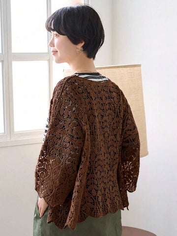 Women Solid Color Crochet Hollow-Out Casual Vacation Long Sleeve Cardigan