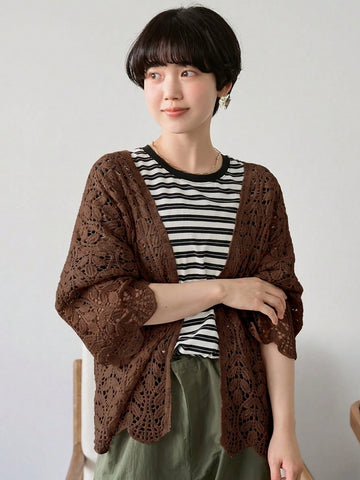 Women Solid Color Crochet Hollow-Out Casual Vacation Long Sleeve Cardigan