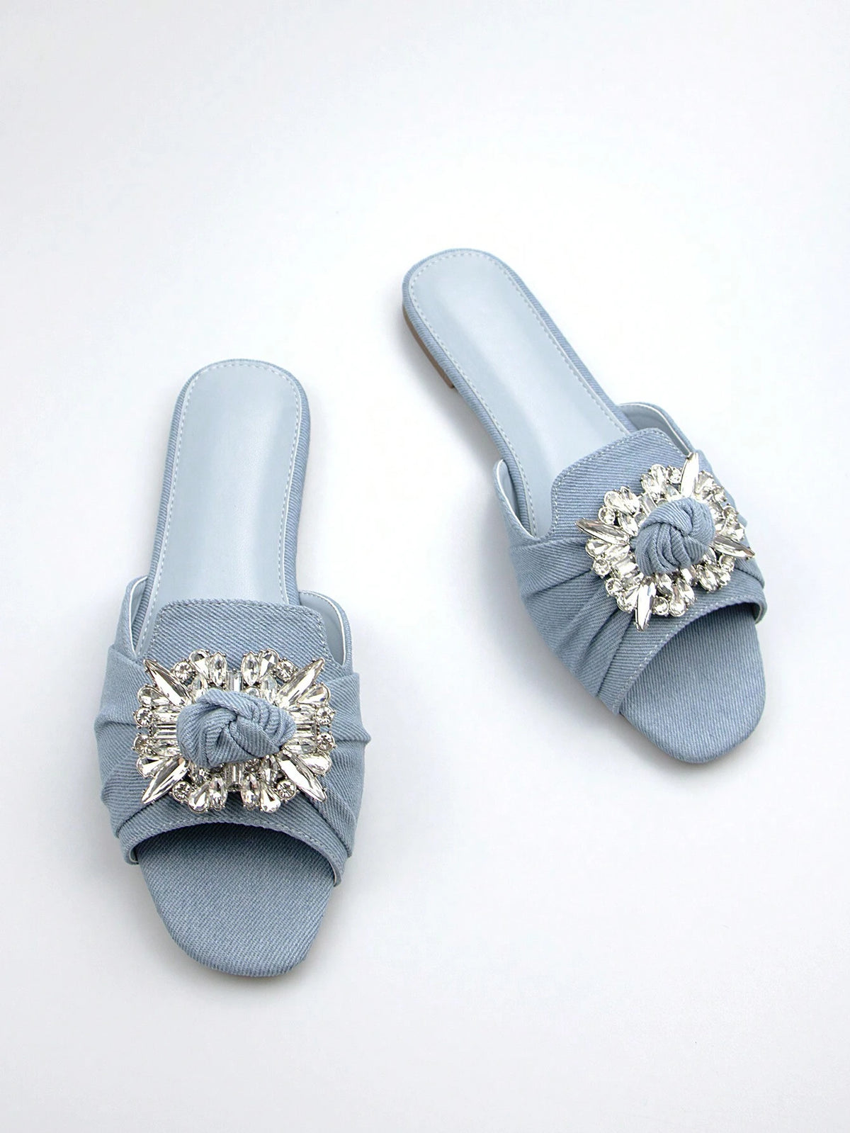 Fashionable Casual Light Blue Denim Rhinestone Buckle Women's Flat Sandals