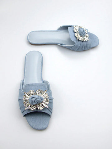 Fashionable Casual Light Blue Denim Rhinestone Buckle Women's Flat Sandals