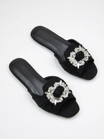 Fashionable Casual Light Blue Denim Rhinestone Buckle Women's Flat Sandals