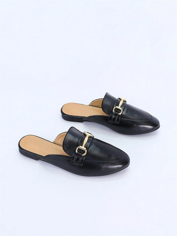 Horsebit Decor Loafer Mules Black Flat Shoes For Women