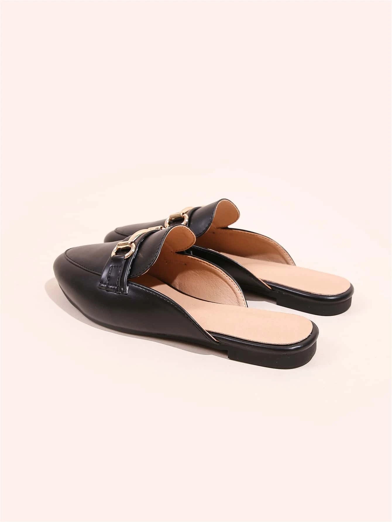 Horsebit Decor Loafer Mules Black Flat Shoes For Women