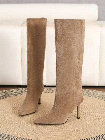 Suede Pointed Toe Stiletto Heel Slip-On Boots