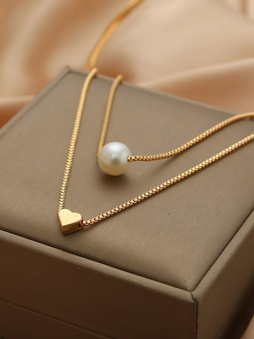 Faux Pearl & Heart Decor Layered Necklace
