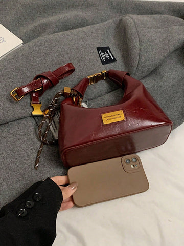 1pc Faux Snake Skin Woven Solid Color PU Tote Bag