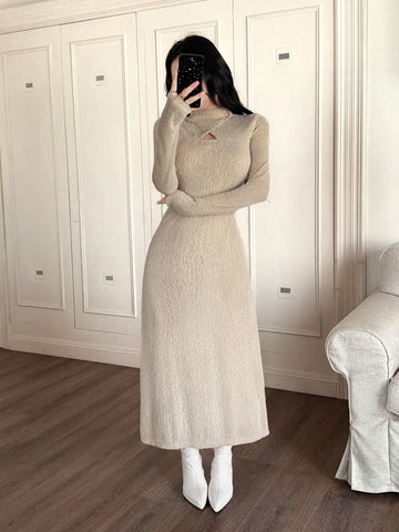 Feyla Elegant Solid Color Fleece Casual Dress