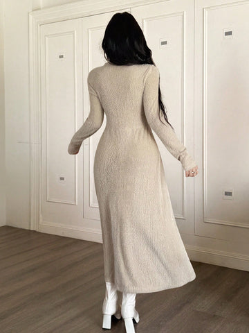 Feyla Elegant Solid Color Fleece Casual Dress