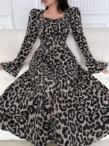 Women's Fashion Leopard Print Flare Sleeve Dress