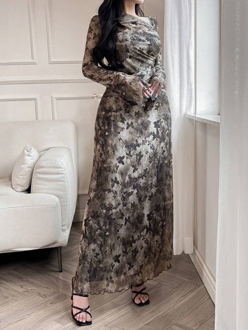 Women Floral Print Asymmetric Neckline Ruffle Elegant Dress