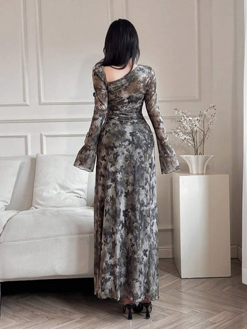 Women Floral Print Asymmetric Neckline Ruffle Elegant Dress