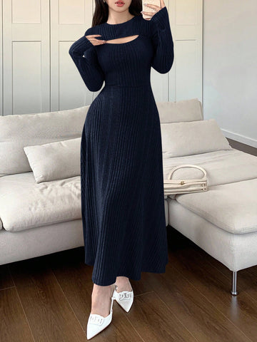 Women Solid Color Round Neck Long Sleeve Casual Mid-Length Dress