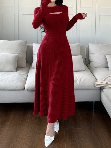 Women Solid Color Round Neck Long Sleeve Casual Mid-Length Dress