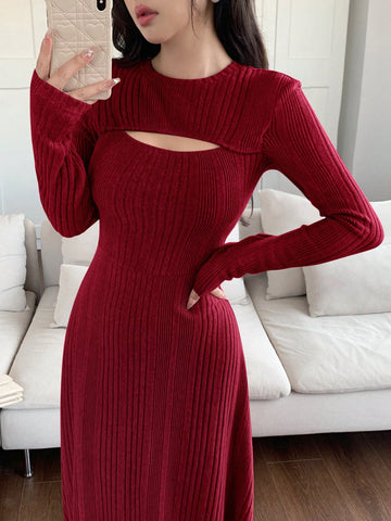 Women Solid Color Round Neck Long Sleeve Casual Mid-Length Dress