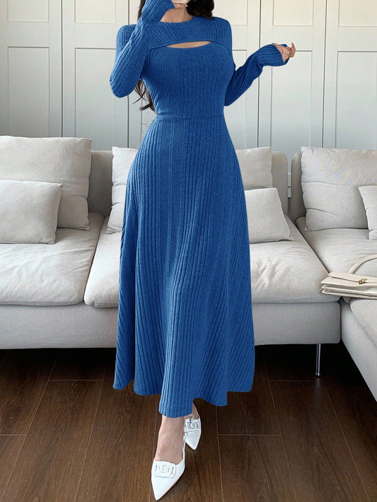 Women Solid Color Round Neck Long Sleeve Casual Mid-Length Dress