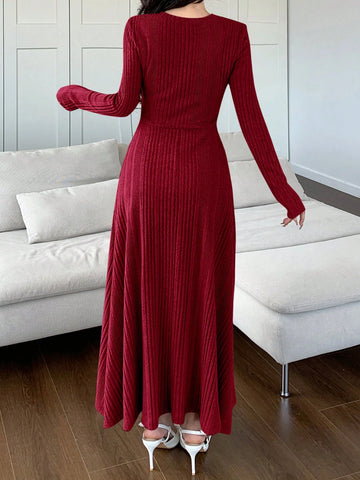 Women Solid Color Round Neck Long Sleeve Casual Mid-Length Dress