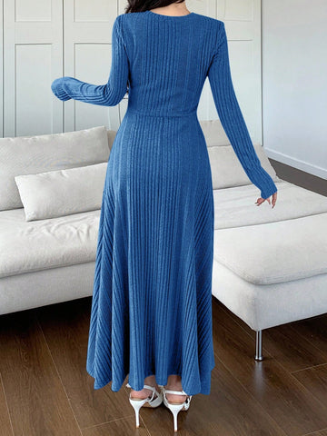 Women Solid Color Round Neck Long Sleeve Casual Mid-Length Dress