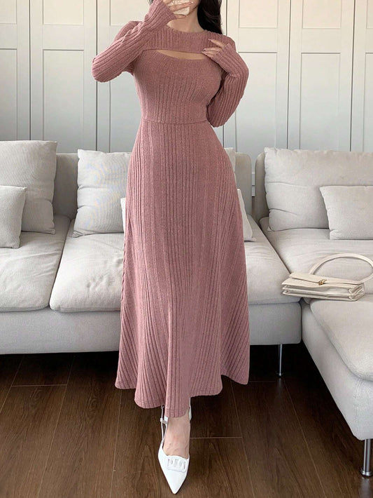 Women Solid Color Round Neck Long Sleeve Casual Mid-Length Dress