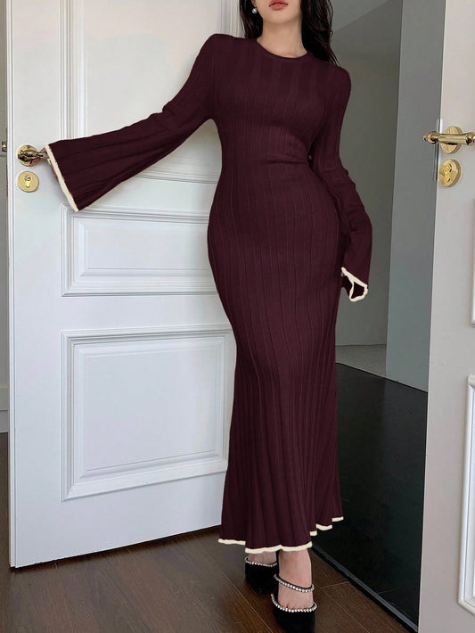 Feyla Women's Elegant Long Flare Sleeve Knit Sweater Dress