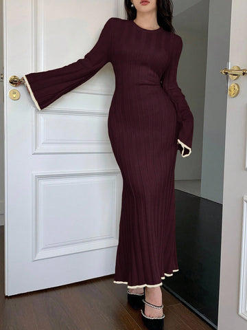 Feyla Women's Elegant Long Flare Sleeve Knit Sweater Dress