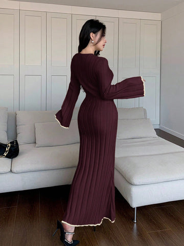 Feyla Women's Elegant Long Flare Sleeve Knit Sweater Dress