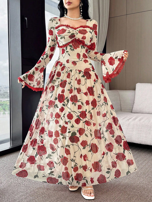 Women's Elegant Floral Print Lace Flare Sleeve Dress