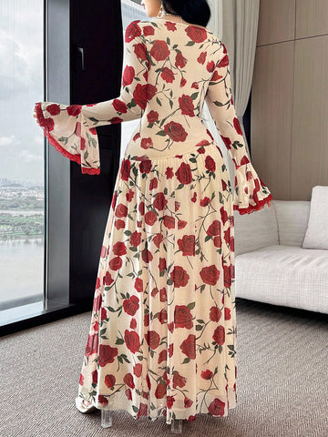 Women's Elegant Floral Print Lace Flare Sleeve Dress