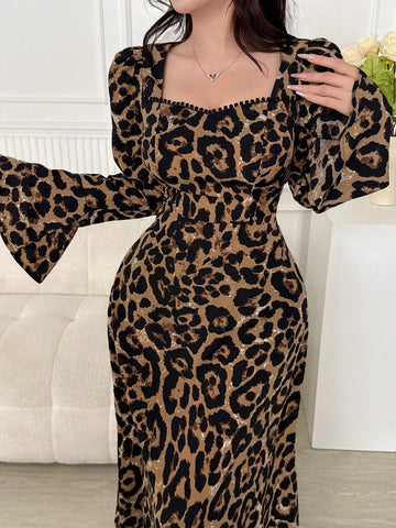 Women's Fashion Leopard Print Flare Sleeve Dress