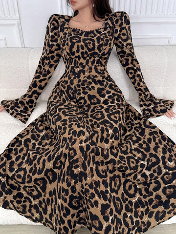 Women's Fashion Leopard Print Flare Sleeve Dress