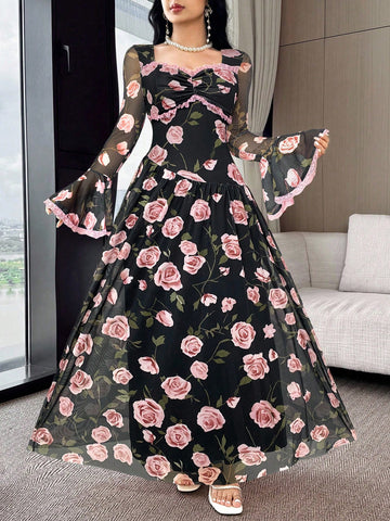 Women's Elegant Floral Print Lace Flare Sleeve Dress