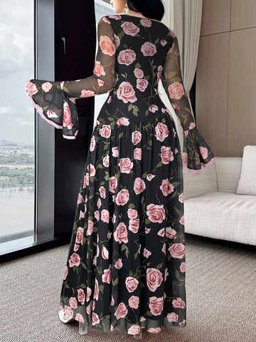 Women's Elegant Floral Print Lace Flare Sleeve Dress