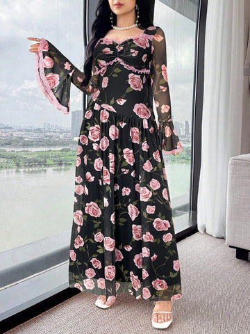 Women's Elegant Floral Print Lace Flare Sleeve Dress