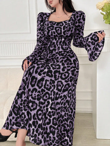 Women's Fashion Leopard Print Flare Sleeve Dress