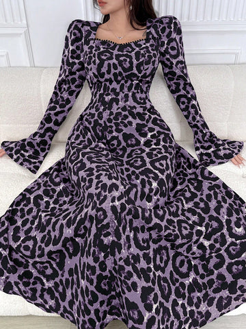 Women's Fashion Leopard Print Flare Sleeve Dress
