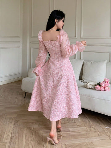 Feyla Women's Solid Color Square Neck Ruffle Hem Long Sleeve Dress