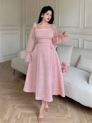 Feyla Women's Solid Color Square Neck Ruffle Hem Long Sleeve Dress
