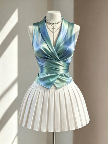 Women's Sleeveless V-Neck Tie Waist Bow Elegant Blouse