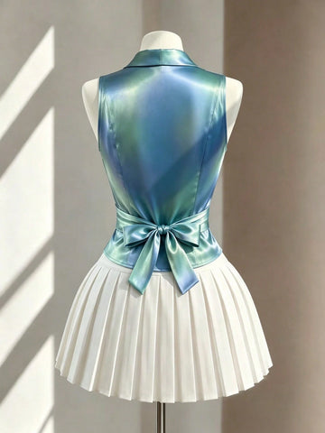 Women's Sleeveless V-Neck Tie Waist Bow Elegant Blouse