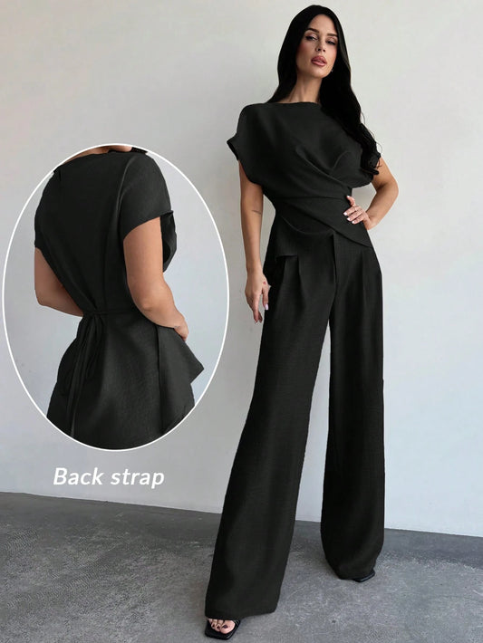 Women's Elegant Commuter Wrap Bustier Corset Top And Flare Leg Pants