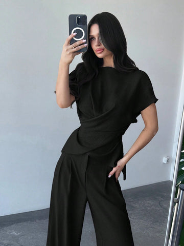 Women's Elegant Commuter Wrap Bustier Corset Top And Flare Leg Pants
