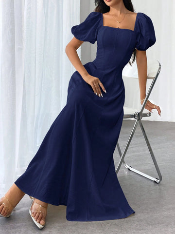 Women Elegant Solid Color Square Neck Puff Sleeve Waisted Flare Hem Dress