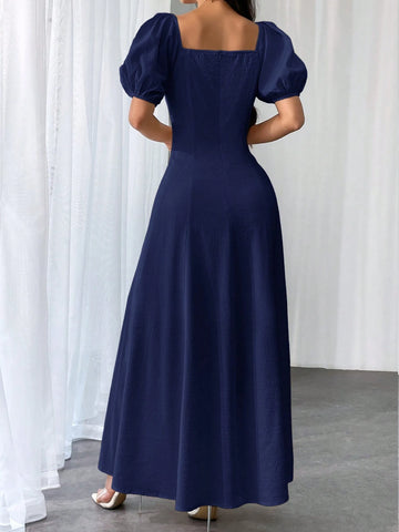 Women Elegant Solid Color Square Neck Puff Sleeve Waisted Flare Hem Dress