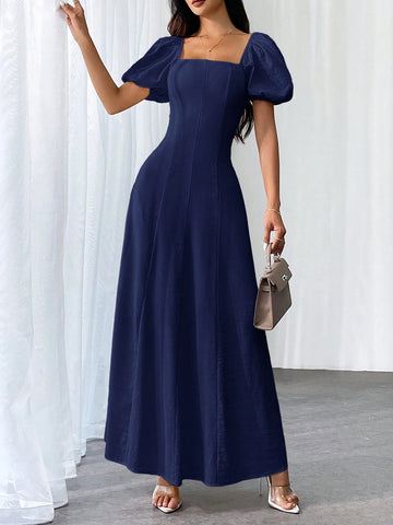 Women Elegant Solid Color Square Neck Puff Sleeve Waisted Flare Hem Dress