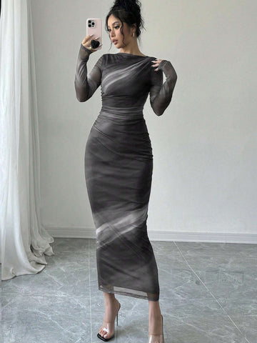 Women's Elegant Romantic Date Party Pink Tie-Dye Mesh Bodycon Dress