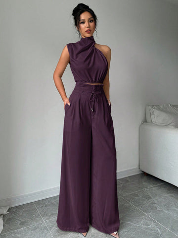 2pcs/Set Women Turtleneck Sleeveless Top And Wide Leg Pants