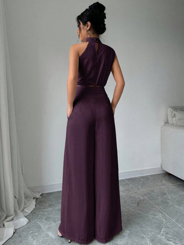 2pcs/Set Women Turtleneck Sleeveless Top And Wide Leg Pants