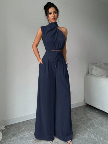 2pcs/Set Women Turtleneck Sleeveless Top And Wide Leg Pants