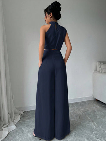 2pcs/Set Women Turtleneck Sleeveless Top And Wide Leg Pants