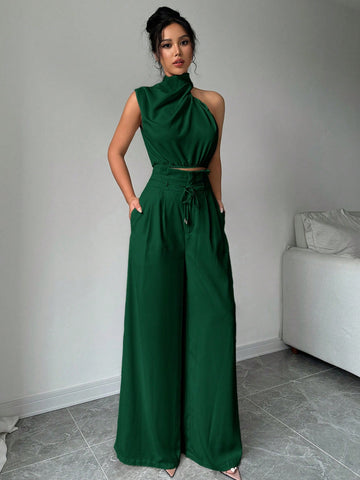2pcs/Set Women Turtleneck Sleeveless Top And Wide Leg Pants