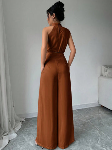 2pcs/Set Women Turtleneck Sleeveless Top And Wide Leg Pants